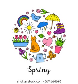 Hand drawn spring items including sun, cloud, umbrella, boots, flowers, cat, bird, butterfly, ladybug and rainbow composed in circle shape with lettering.