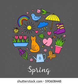 Hand drawn spring items including sun, cloud, umbrella, boots, flowers, cat, bird, butterfly, ladybug and rainbow composed in circle shape with lettering.