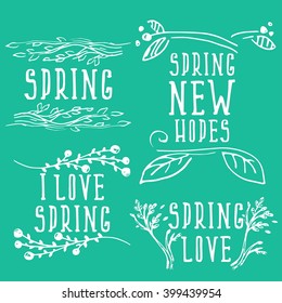 Hand Drawn spring labels with flowers,branches and leaves. Vector illustration template