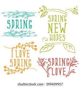 Hand Drawn spring labels with flowers,branches and leaves. Vector illustration template