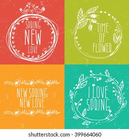 Hand Drawn spring labels with flowers,branches and leaves. Vector illustration template