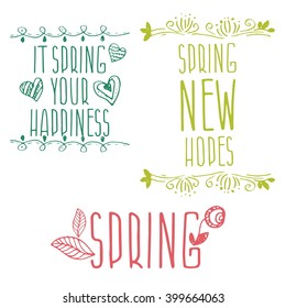 Hand Drawn spring labels with flowers,branches and leaves. Vector illustration template