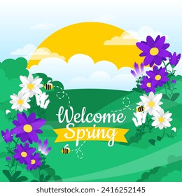 fondo de paisaje de primavera dibujado a mano. apto para papel pintado y banner