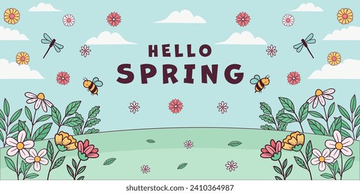 hand drawn spring landscape horizontal banner illustration