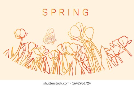 Hand Drawn Spring Line Art. Spring Art. Rainbow Colour. Spring with Rainbow. Beauty art pattern rainbow spring