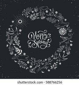 Hand drawn spring objects frame. Collection of spring accessories in circle shape isolated on blackboard. Happy spring greeting card.