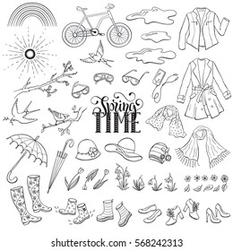 Hand drawn spring objects set. Collection of spring accessories isolated on white background. Monochrome illustrations for coloring books. 
