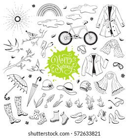 Hand drawn spring objects set. Collection of spring accessories isolated on white background. Monochrome illustrations for coloring books.