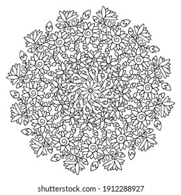 Hand drawn spring ornamental flowers mandala stock vector illustration. Decorative natural coloring page for children and adults. Original fantasy flower with buds, leaves and stalks. One of a series