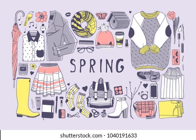 Hand drawn spring pattern. Cute vector background. Artistic doddle drawing. Creative ink art work. Fashion illustration season objects