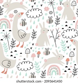 Hand drawn spring pattern with cute cartoon goose, bunny, flowers, leaves. Seamless pattern