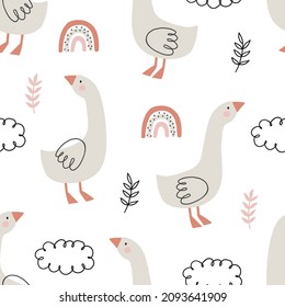 Hand drawn spring pattern with cute cartoon goose,  flowers, leaves. Seamless pattern