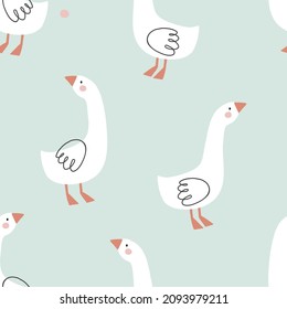 Hand drawn spring pattern with cute cartoon goose,  flowers, leaves. Seamless pattern