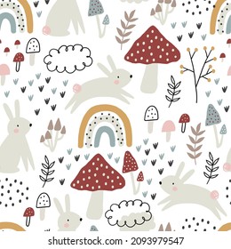 Hand drawn spring pattern with cute cartoon bunny,  flowers, leaves, rainbow, mushroom. Seamless pattern