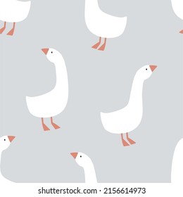 Hand drawn spring pattern with cute cartoon goose,  flowers, leaves. Seamless pattern