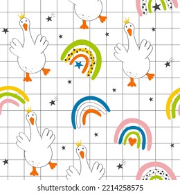 Hand drawn spring pattern with cute cartoon goose, rainbow, stars. Illustration in hand drawn style for kids clothing, textiles, children's room design. Vector illustration Seamless pattern.