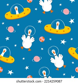 Hand drawn spring pattern with cute cartoon goose, planet, stars. Illustration in hand drawn style for kids clothing, textiles, children's room design. Vector illustration Seamless pattern.
