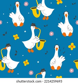 Hand drawn spring pattern with cute cartoon goose. illustration in hand drawn style for kids clothing, textiles, children's room design. Vector illustration Seamless pattern.