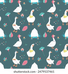 Hand drawn spring pattern with cute cartoon goose, flowers, leaves. Geese vector illustration. Perfect for baby shower, fabric print, textiles, baby prints, greeting card and wrapping paper design.