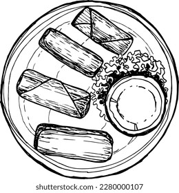 Hand Drawn spring roll Chinese, Japanese or Thai food illustration isolated on background