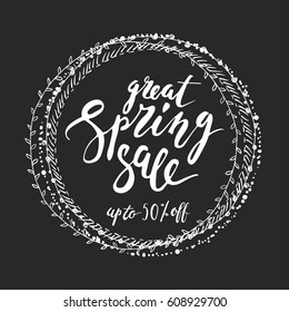 Hand drawn spring sale label with round frames in black and white. Brush script lettering.