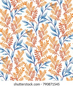 Hand drawn spring seamless leaves pattern. Bright flowers background. Decorative ornament backdrop for fabric, textile, wrapping paper, card, invitation, wallpaper, web design.