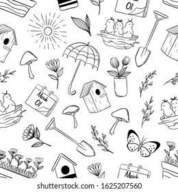 hand drawn spring seamless pattern on white background