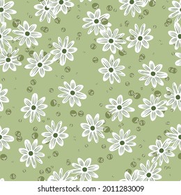 Hand drawn spring seamless pattern with random white flowers shapes. Pastel green background with bubbles. Flat vector print for textile, fabric, giftwrap, wallpapers. Endless illustration.
