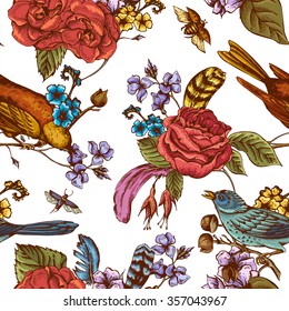 Hand Drawn Spring Seamless Pattern, Vector Illustration with Blooming Flowers, Roses and Birds