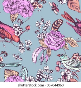 Hand Drawn Spring Seamless Pattern, Vector Illustration with Blooming Flowers, Roses and Birds