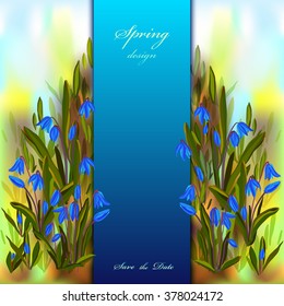 Hand drawn spring snowdrop blue flowers. Spring vertical border realistic spring blue flowers and text spring design and save the date. Spring watercolor style background. Vector stock illustration