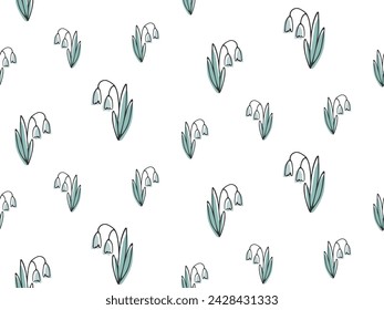Hand drawn Spring Snowdrops Flowers. Seamless seasonal Pattern. Abstract floral botanical background for design. Cute simple Doodle wildflowers