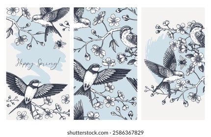 Hand drawn spring social media template. Cherry blossom and flying birds sketch illustration. Web design. NOT AI generated