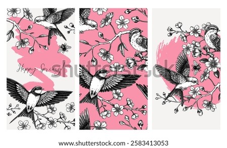 Hand drawn spring social media template. Cherry blossom and flying birds sketch illustration. Web design. NOT AI generated