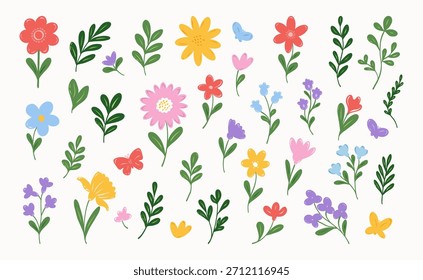 Dibujado a mano flores de primavera y verano. Ilustración vectorial minimalista.  Flor silvestre, hojas, hierbas, plantas. Ideal para invitaciones de boda, carteles, tarjetas de felicitación.