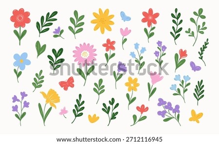 Hand drawn spring and summer flowers. Minimalist vector illustration.  Wildflower, leaves, herb, plants. Ideal for wedding invitations, posters, greeting cards.