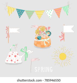 Hand drawn spring or summer outdoor activity or party, vintage design elements. Colorful festive flags, beautiful basket with floral bouquet, watering can with tied bow, sun and spring typography