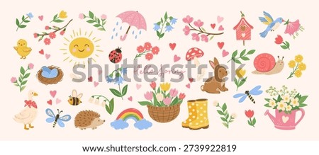 Hand drawn сute spring summer stickers elements. Flowers, goose, chicken, butterfly, birds, sun, rabbit, snail, dragonfly, heart, birdhouse. Vintage vector flat illustration.