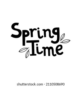Hand drawn spring time lettering text. Lettering spring season with leaf for greeting card, invitation template, poster and banner.