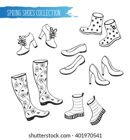 Hand drawn spring time objects set. Collection of spring and autumn shoes isolated on white background. Black outlines for coloring books.