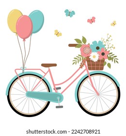 Bicicleta turquesa de primavera dibujada a mano con flores en una canasta, mariposas y globos. Aislado sobre fondo blanco. Ilustración vectorial. Bicicleta retro con flores de colores en una canasta.