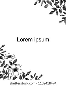 Hand drawn spring typography poster with cute rosa canina flowers in sketch style. Vector illustration for 8 March Woman's Day, Mother's Day, greeting cards, invitations. Frame for sale banner design.