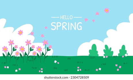 hand drawn spring wallpaper, flower background, green park illustration, happy may