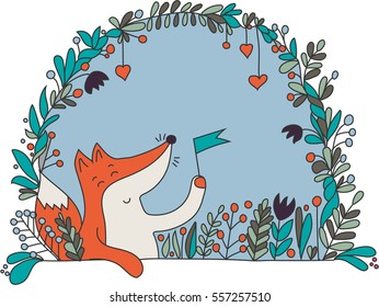 Hand drawn spring wreath with brunches, animal, flowers, red berries and hearts. Cute cartoon character of smiled happy fox in a children's style. Card template. 