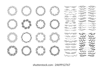 Hand drawn spring wreaths floral elements isolated white background set. Silhouette circle leaves, branches Doodle style. Vector illustration