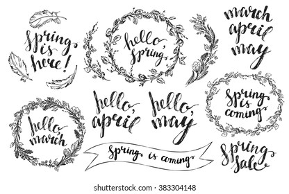 Hand drawn spring wreaths with lettering.  Spring flowers with hyacinth and crocus, willow branches and leaves wreath, feathers. Hello spring, march, April, may hand lettering. 