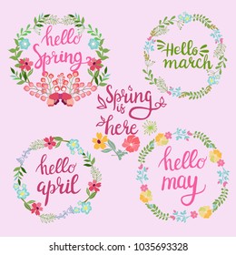Hand drawn spring wreaths with text Hello spring, march, April, may lettering. Spring flowers with branches and leaves, spring time concept.