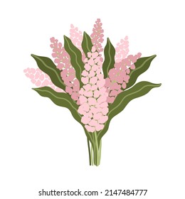 Hand dibujó el ramo Springtime Hyacinth. Planta de jardín de verano con flores rosas y hojas verdes. Colección de clipart natural. Elementos vectores planos florales aislados para impresión, tarjeta de saludo, invitación