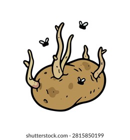 Hand drawn sprouted rotten potato with flies doodle for food spoilage educational graphic and compost bin label
