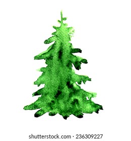 Hand drawn spruce Christmas tree in watercolor on white background. Vector illustration.